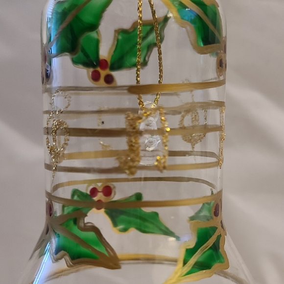 Vtg Clear Glass bell Hand Painted w/Gold Detail Glitter Holly Berries Music Symb - Picture 4 of 5